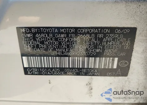 2009 Lexus Es 350 from USA, damaged, VIN JTHBJ46GX92330729